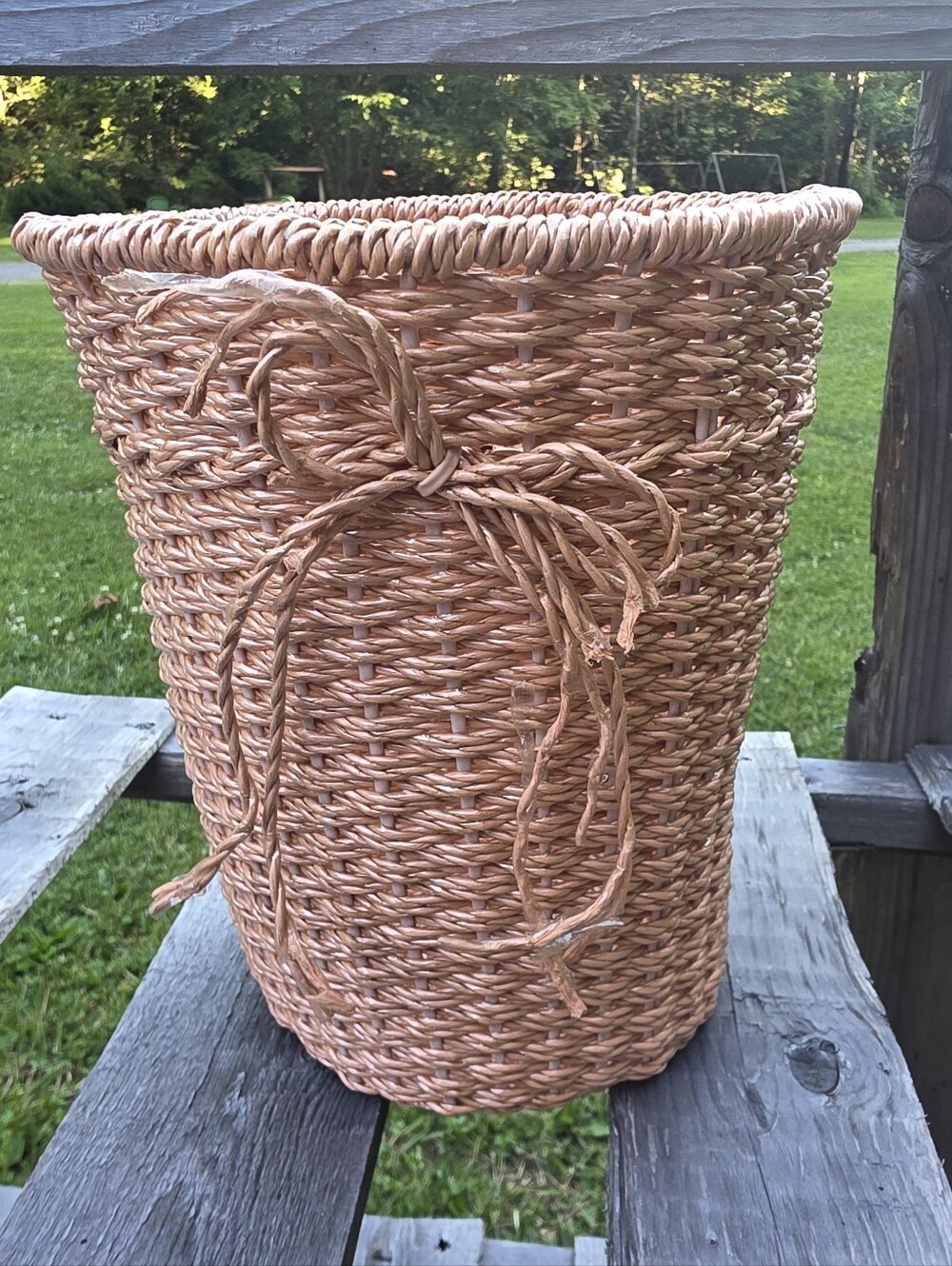 NATURAL WICKER WASTE BASKET Peach With Bow Tie Vintage Sold As Is 10" H x 8" W